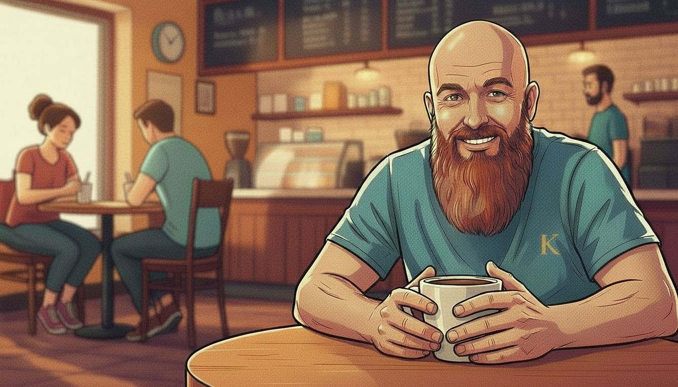 The rebuilt Korvani homepage: an illustrated warm cafe scene, wood tones and amber light